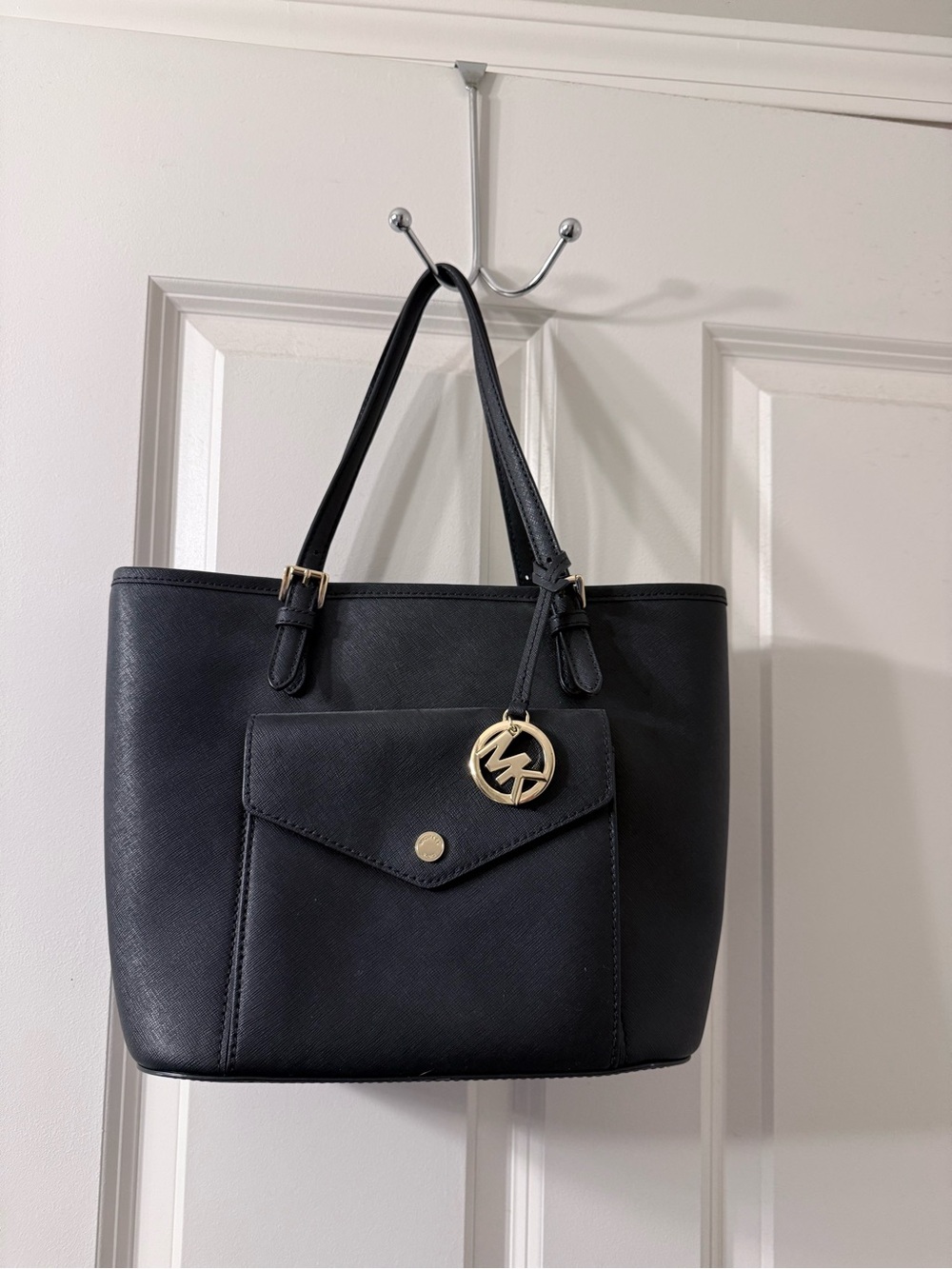 Michael Kors Black Saffiano Leather Tote with Gold Logo Charm